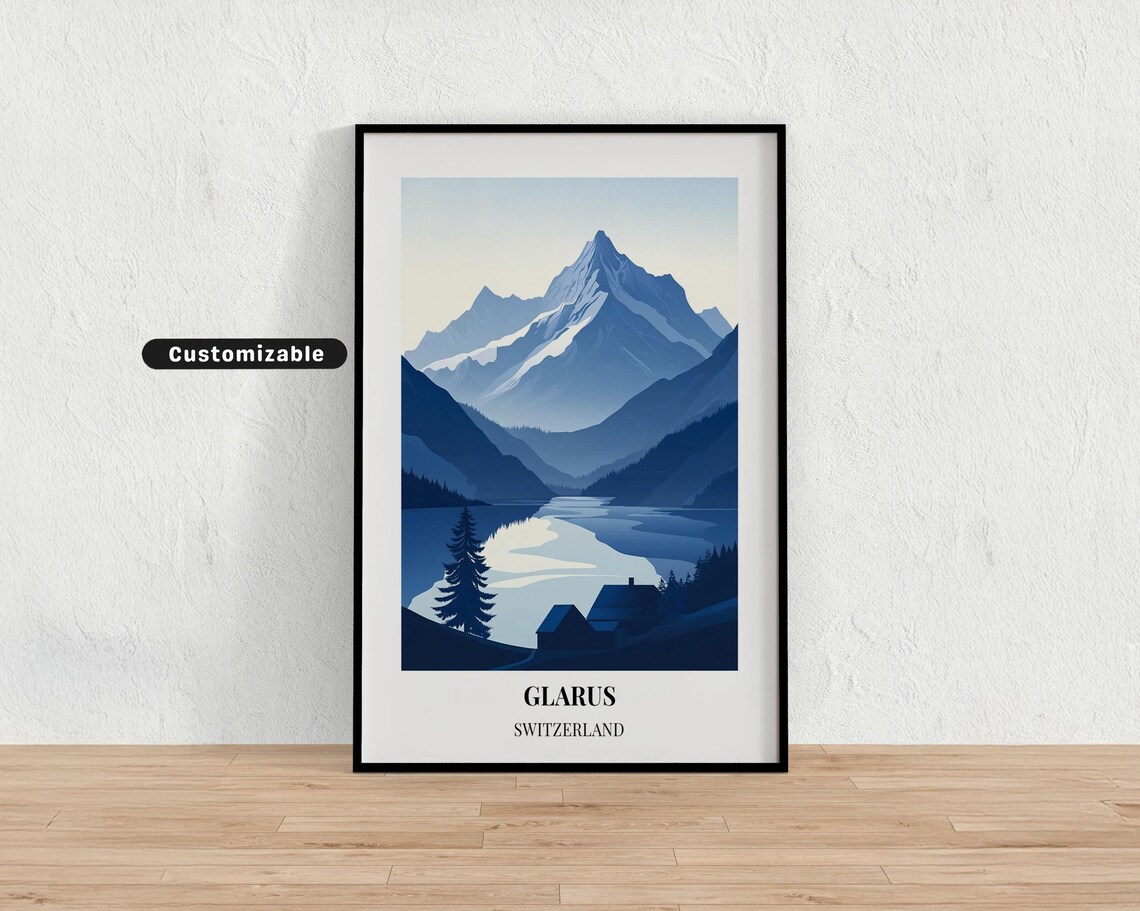 Glarus Switzerland Alpine Lake Cabin Mountain Dusk Travel Poster