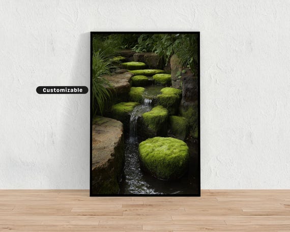 Mosscovered Garden Stones And Trickling Stream Japanese Wall Art Print Zen Asian Decor