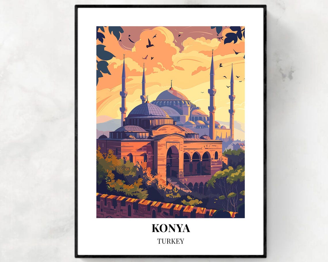 Konya Turkey Grand Mosque at Sunset Vintage Travel Poster Art
