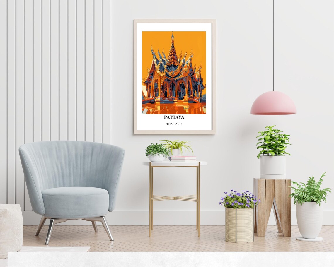 Pattaya Thailand Carved Wooden Temple Golden Orange Sky Poster - Image 2