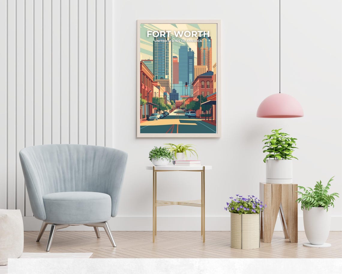 Fort Worth Texas Downtown Skyline Travel Poster with White Text - Image 2