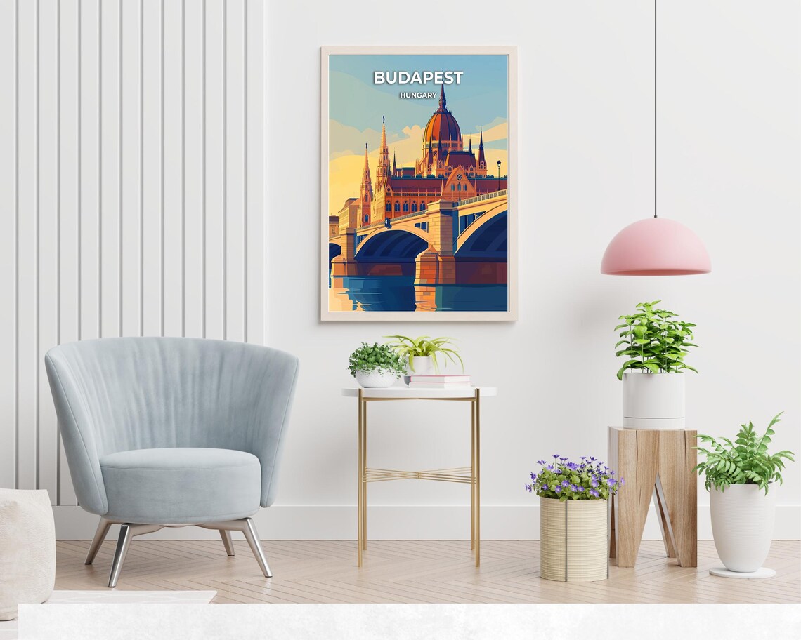 Budapest Hungary Parliament Building and Bridge Sunset Travel Poster - Image 2