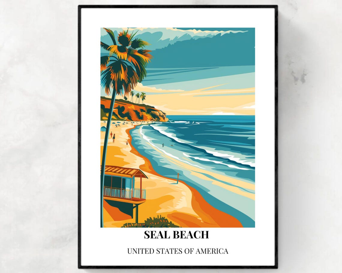 Seal Beach California Surf Lifeguard Tower Vintage Travel Poster