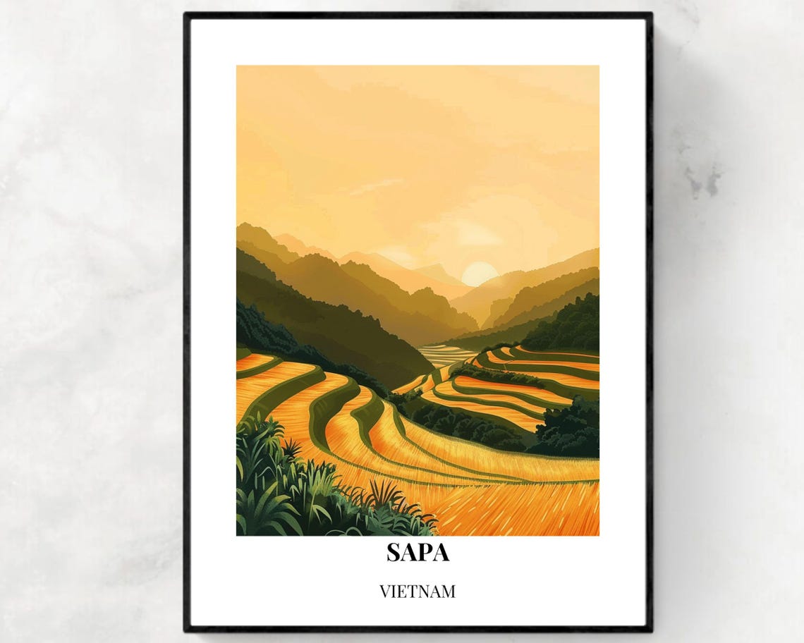 Sapa Vietnam Golden Rice Terraces Sunset Hills Scene View Poster
