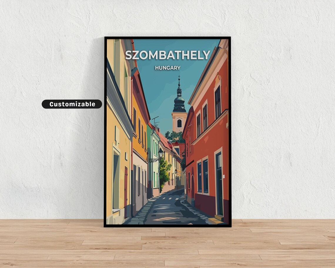 Szombathely Hungary Old Town Street Church Retro Travel Poster