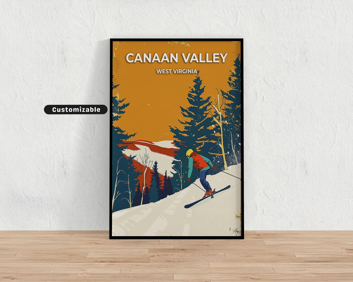 Canaan Valley West Virginia Vintage Ski Poster Retro Orange Forest Artwork