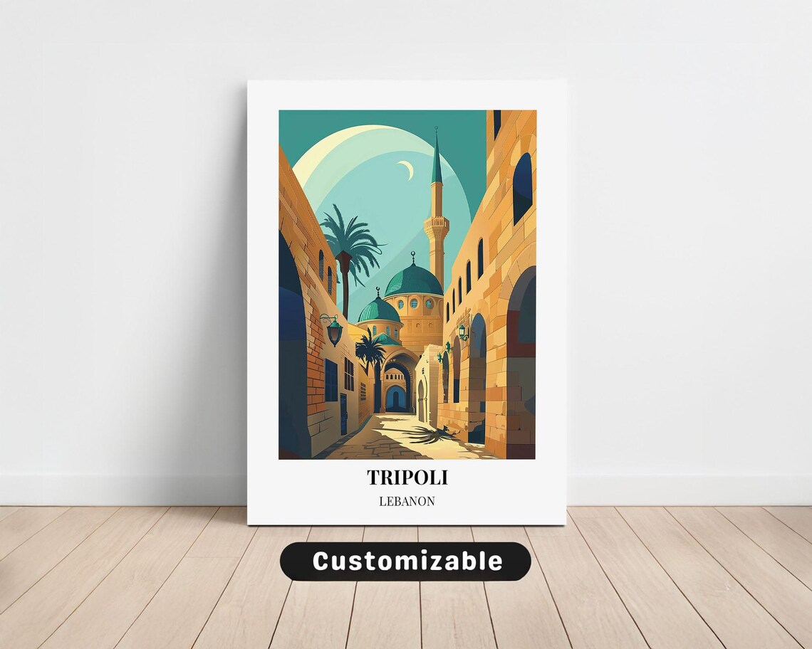 Tripoli Lebanon Old Town Mosque Minaret Crescent Moon Travel Poster