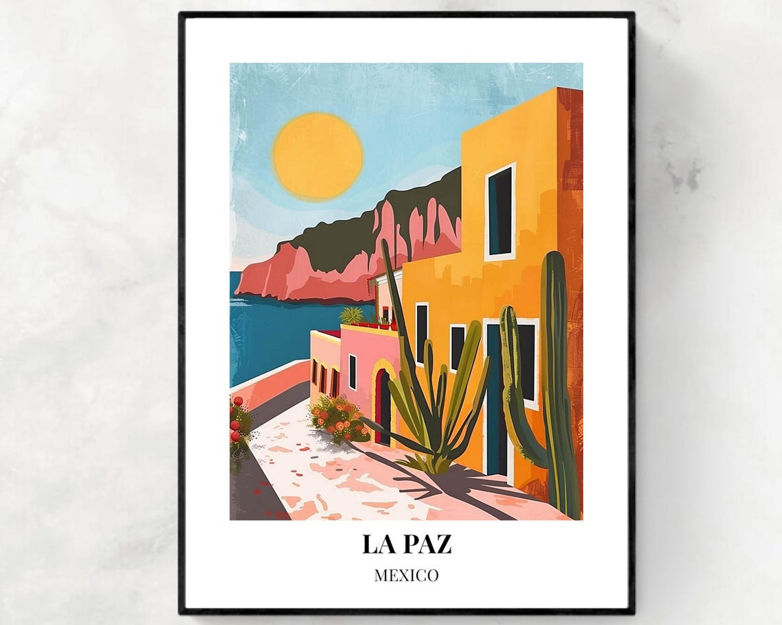 La Paz Mexico Colorful Coastal Street Sun Cactus Scene Travel Poster