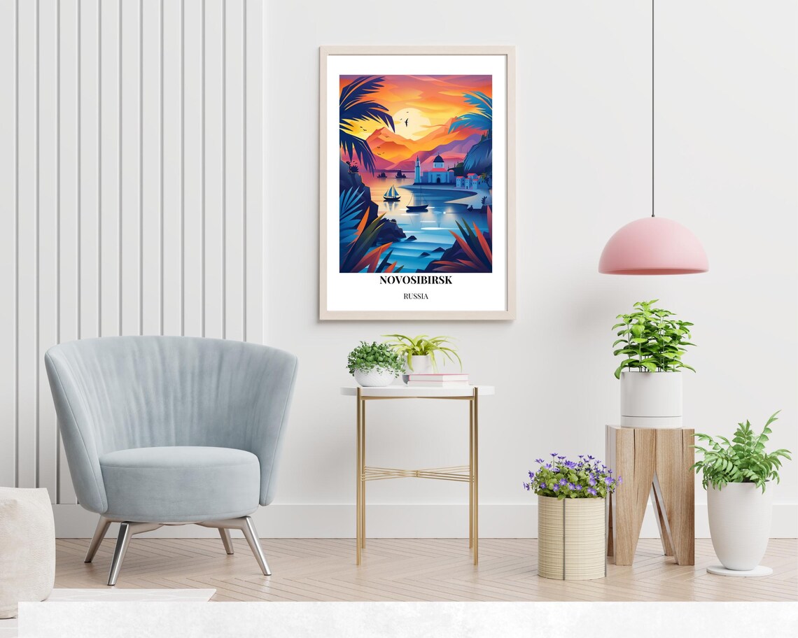 Novosibirsk Russia Sunset Bay With Palm Trees And Boats Poster - Image 2