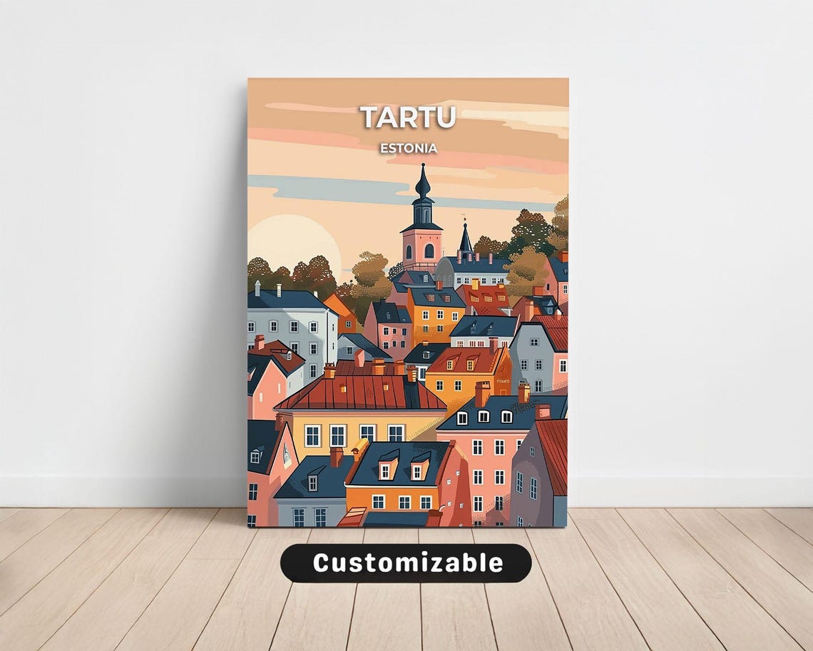 Tartu Estonia Travel Poster Old Town Rooftops Retro Sunset Art