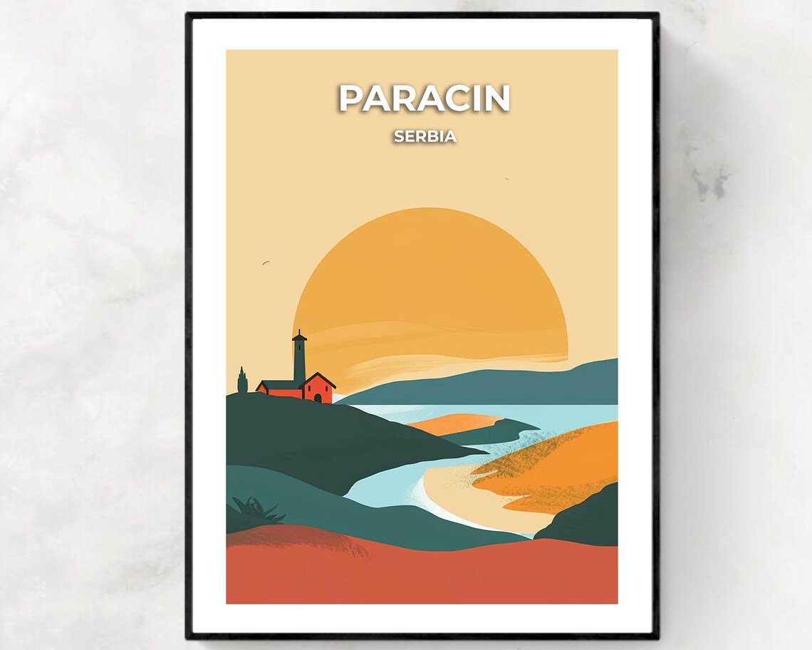 Paracin Serbia Minimalist Sunset Hills Church Landscape Travel Poster