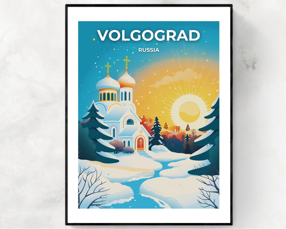 Volgograd Russia Orthodox Church Winter Snow Sunrise Travel Poster