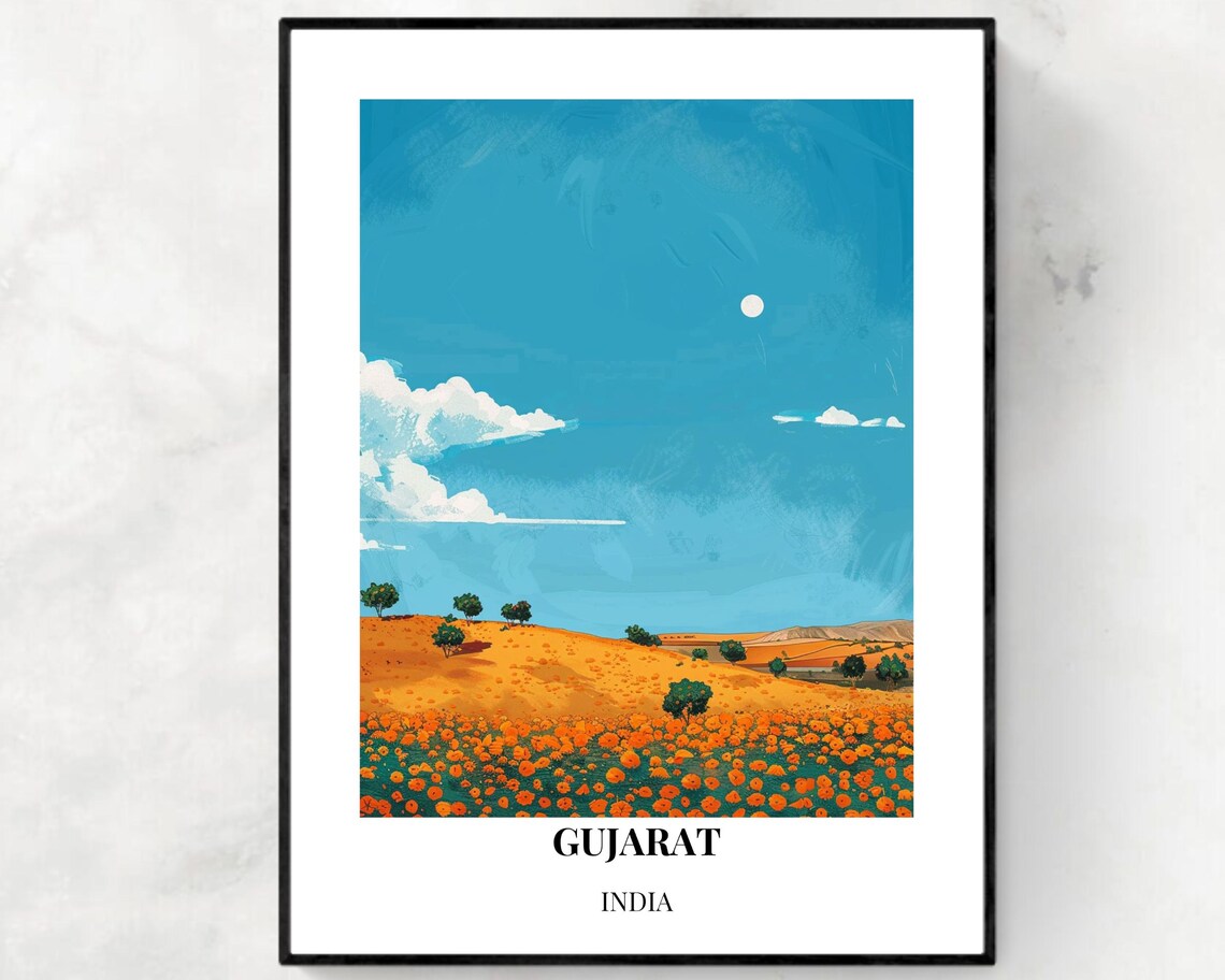 Golden Gujarat India Marigold Field Desert Landscape Travel Poster