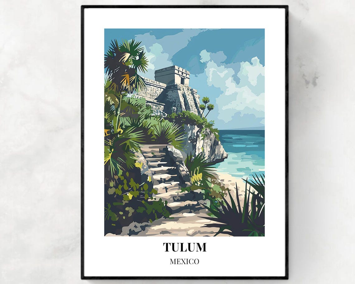 Tulum Mexico Poster with Cliffside Maya Ruins Over Turquoise Beach