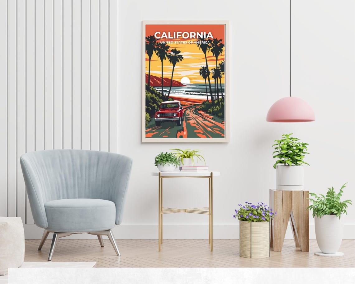 California Beach Road Sunset Palms On Artwork Title Travel Poster - Image 2