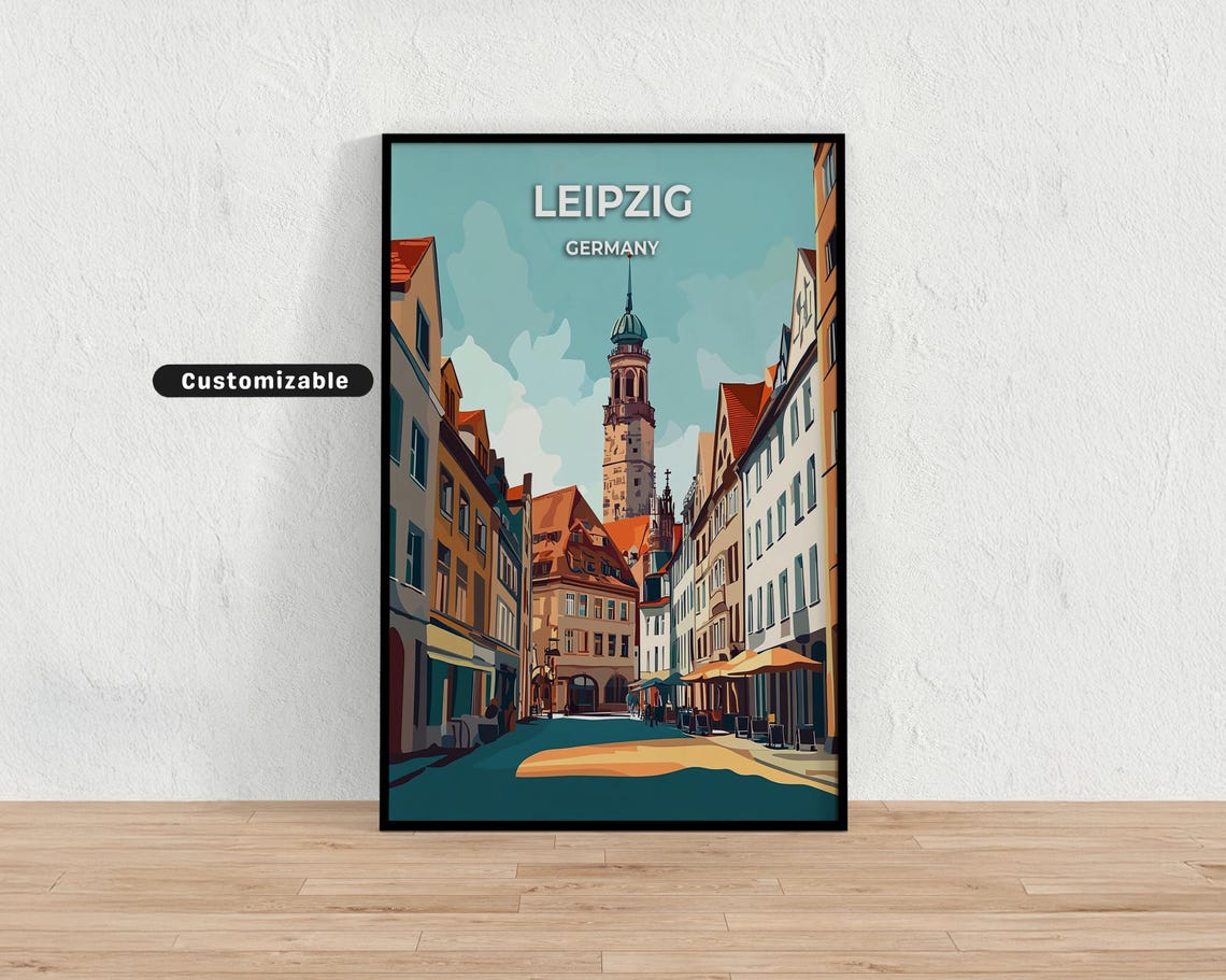 Leipzig Germany Blue Street Travel Poster with Tall Church Tower View