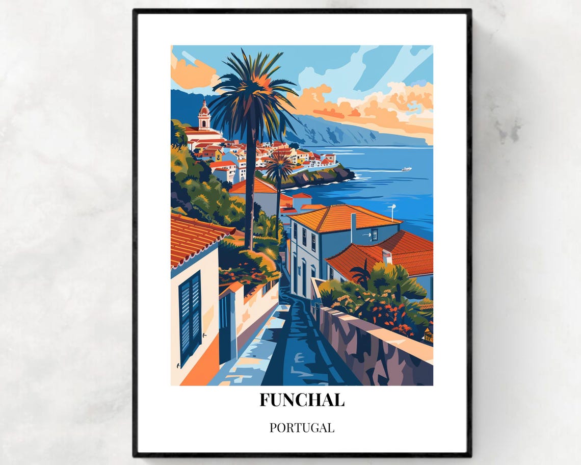 Funchal Madeira Portugal Coastal Palm Street Ocean View Travel Poster