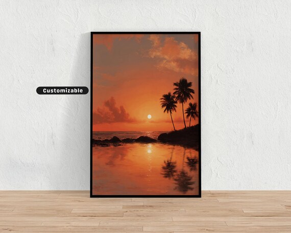 Tropical Ocean Sunset Palm Silhouette Warm Orange Coastal Wall Print