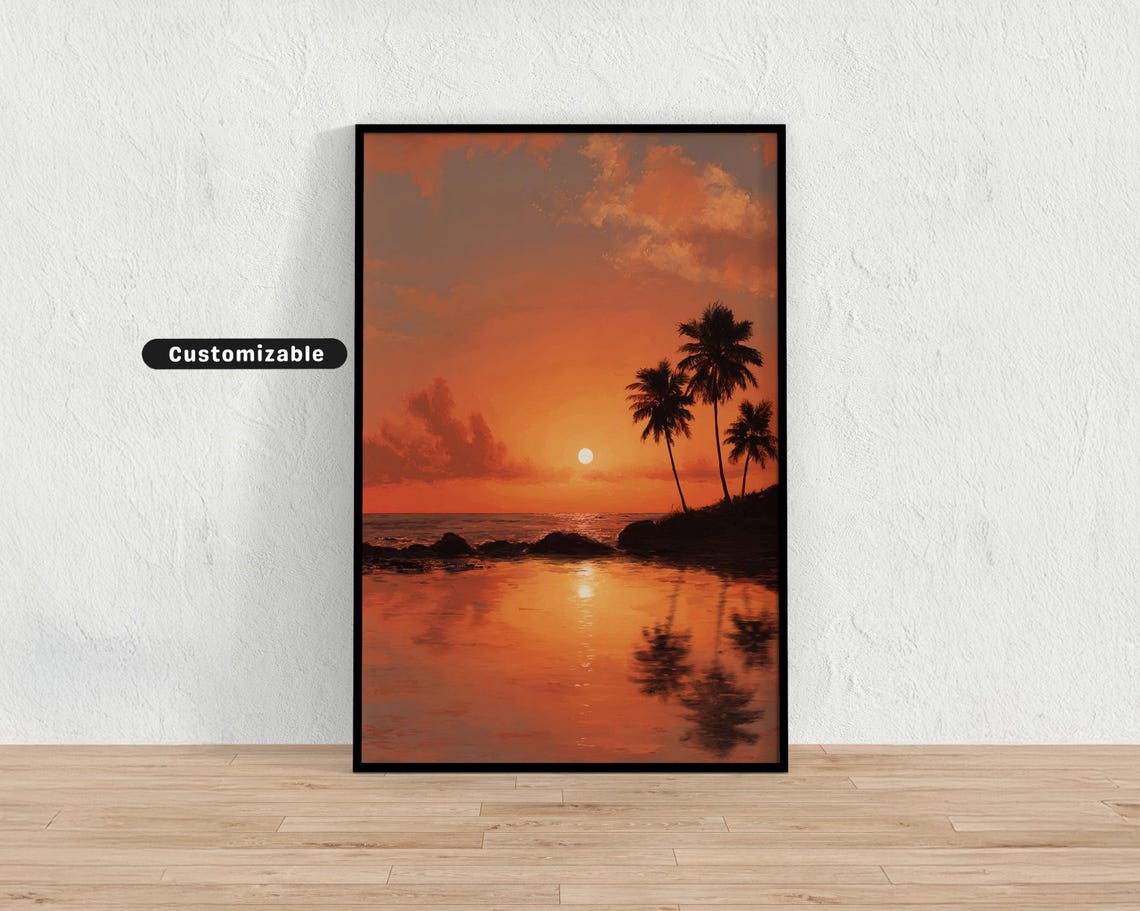 Tropical Ocean Sunset Palm Silhouette Warm Orange Coastal Wall Print