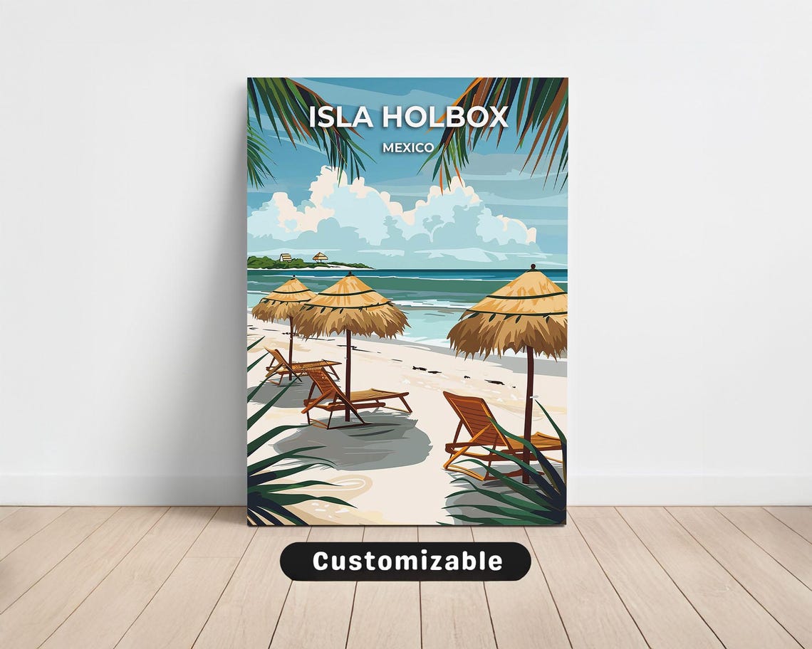 Isla Holbox Mexico White Sand Beach Palapa Umbrella Travel Poster