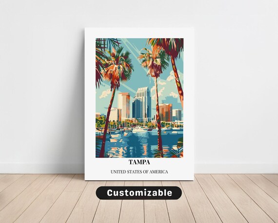 Tampa Waterfront Skyline Travel Poster with Palm Trees and Boats