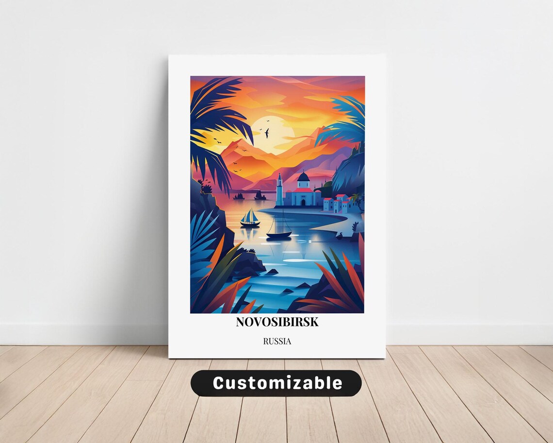Novosibirsk Russia Sunset Coast Sailboats Vintage Travel Poster