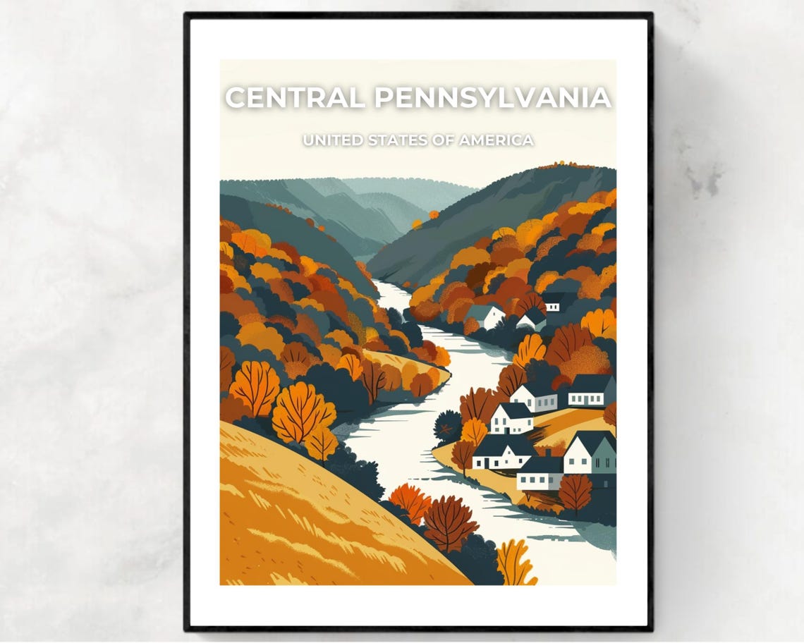 Central Pennsylvania Autumn Valley Town Classic Travel Poster