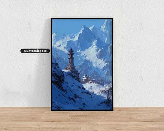 Temple Bell Tower In Snowy Village Landscape Japanese Wall Art Print Zen Asian Decor