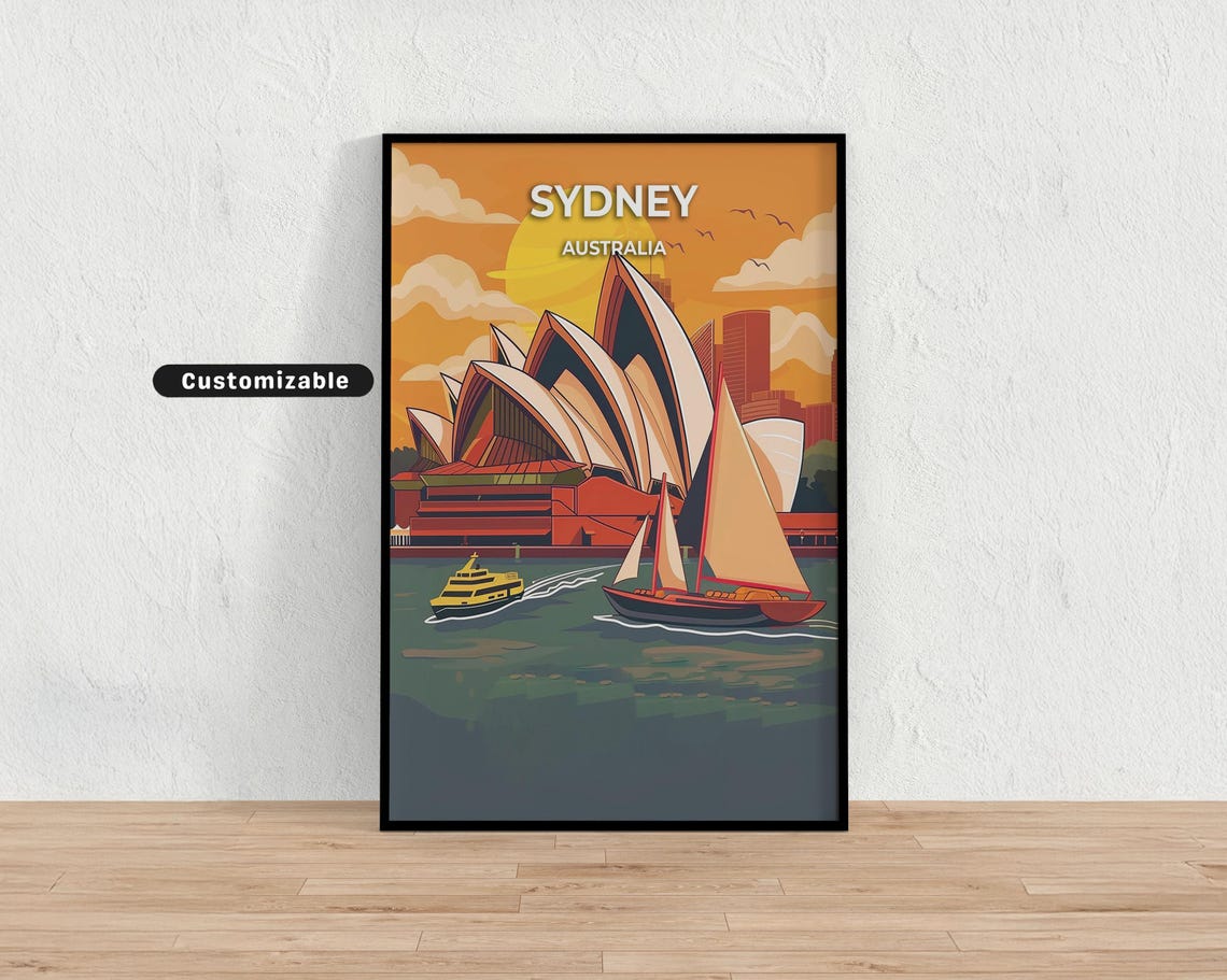 Sydney Opera House Sunset Sailboat Harbor Vintage Travel Poster