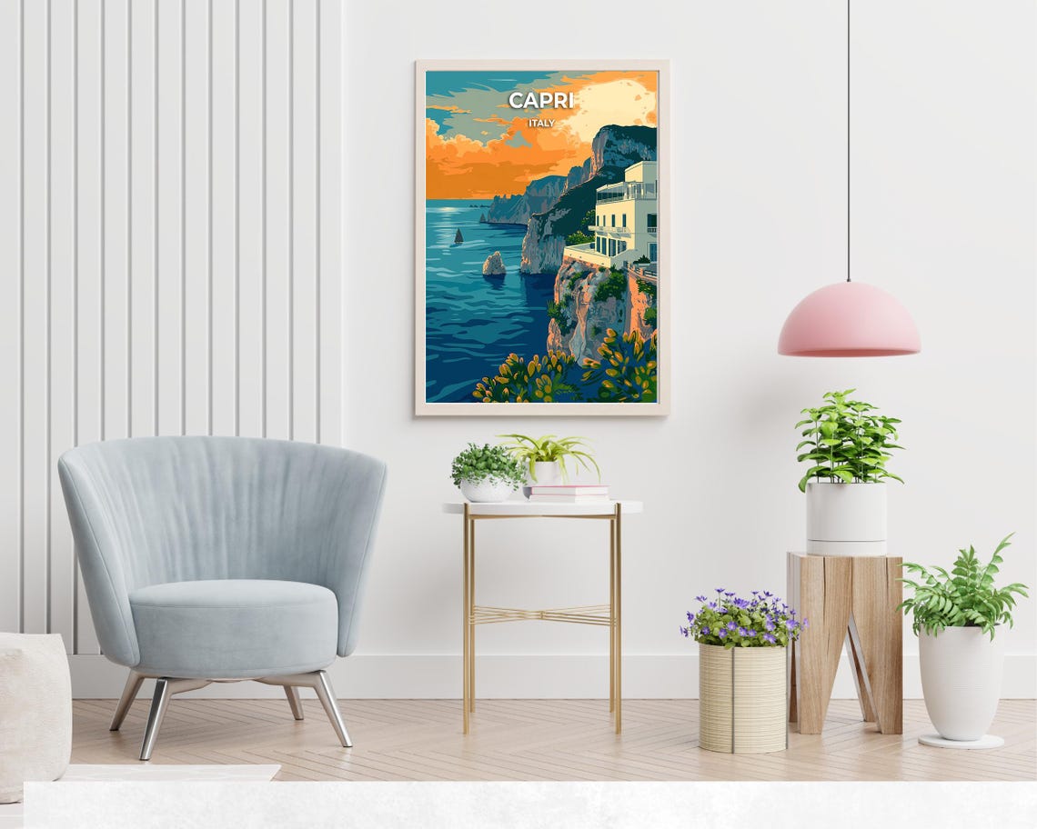 Capri Italy Cliffside Villa Sunset Sailboat Vintage Travel Poster - Image 2