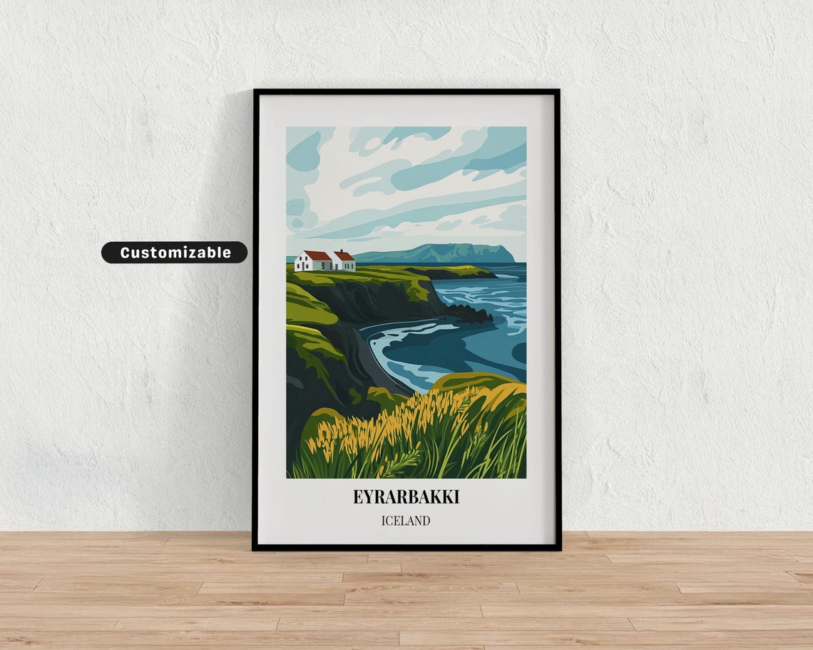 Eyrarbakki Iceland Coastal Cliffs and Cottages Custom Travel Poster