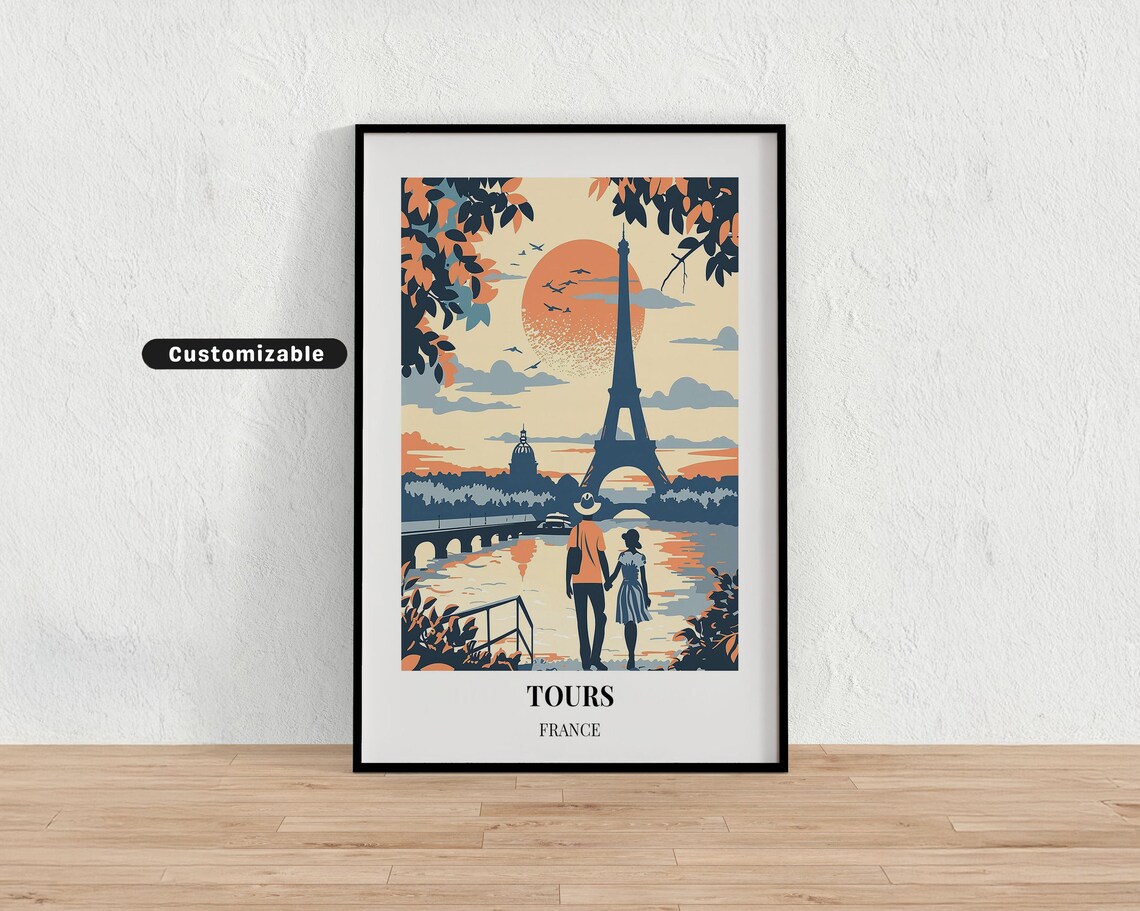 Tours France Travel Art Eiffel Tower Sunset Seine Couple Vintage Print