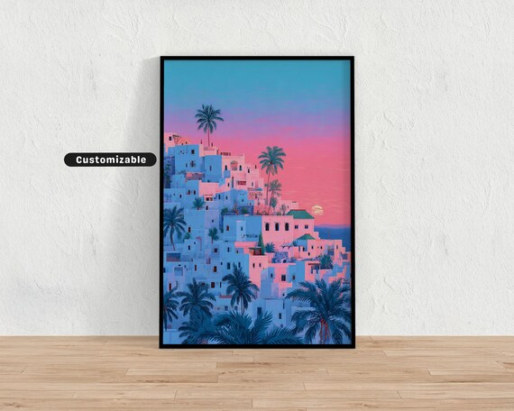 Palm Trees And White Buildings Under A Vivid Blue Pink Sunset Mediterranean Colorful Wall Art Tropical Illustration Print Modern B