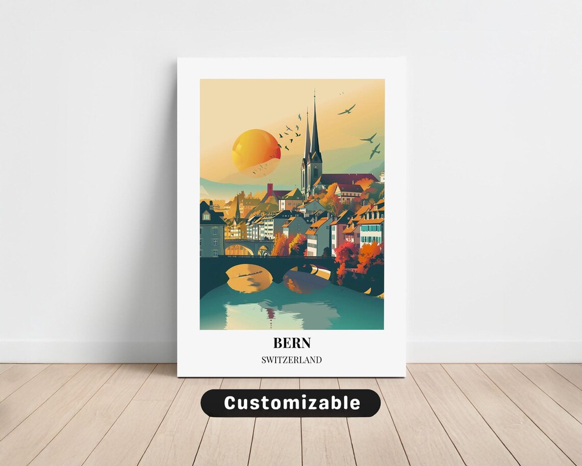 Bern Switzerland Vintage Travel Poster Old Town Cathedral River Sunset