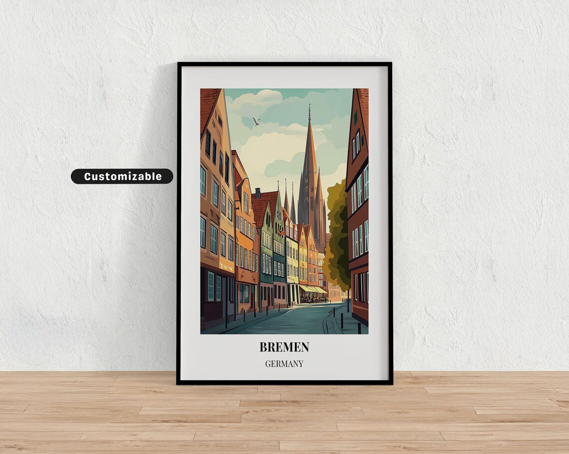 Bremen Germany Old Street Travel Poster with Hanseatic Houses View
