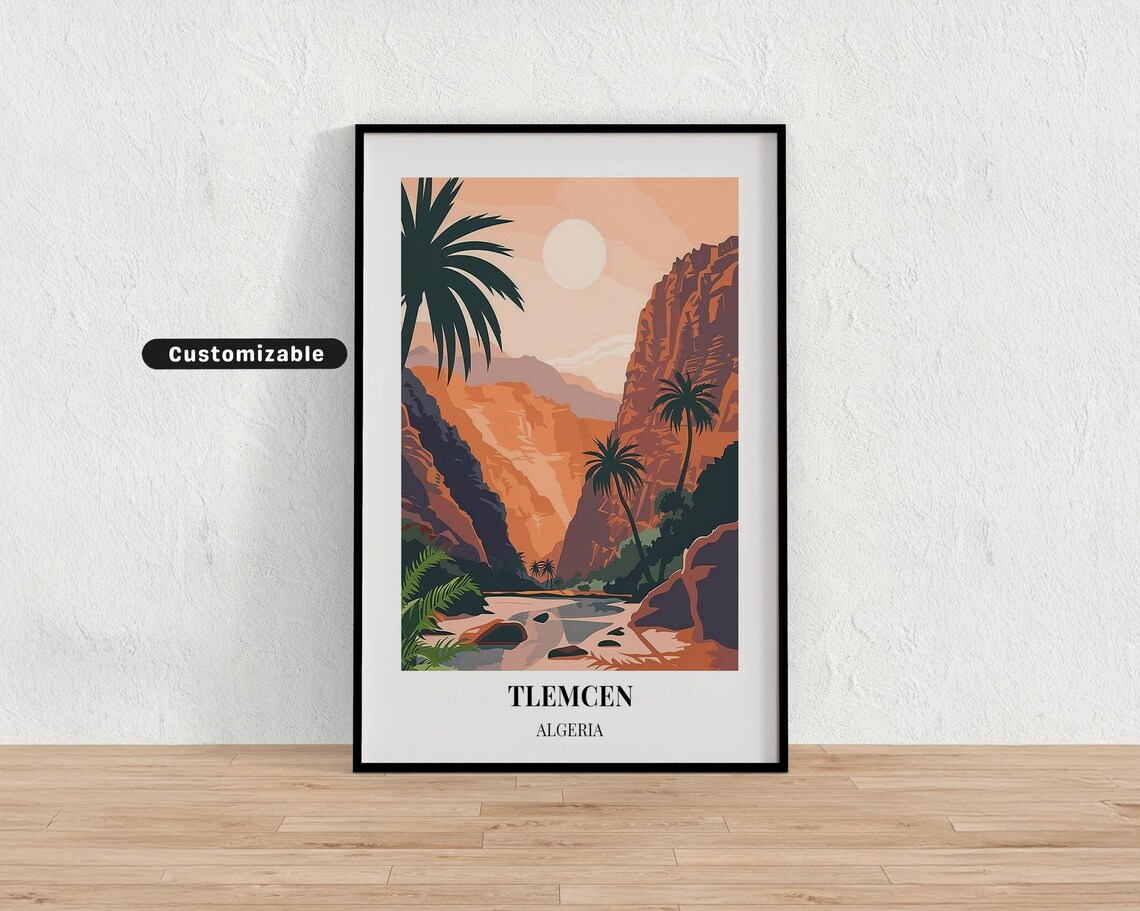 Tlemcen Algeria Desert Canyon Oasis Palm River Vintage Travel Poster