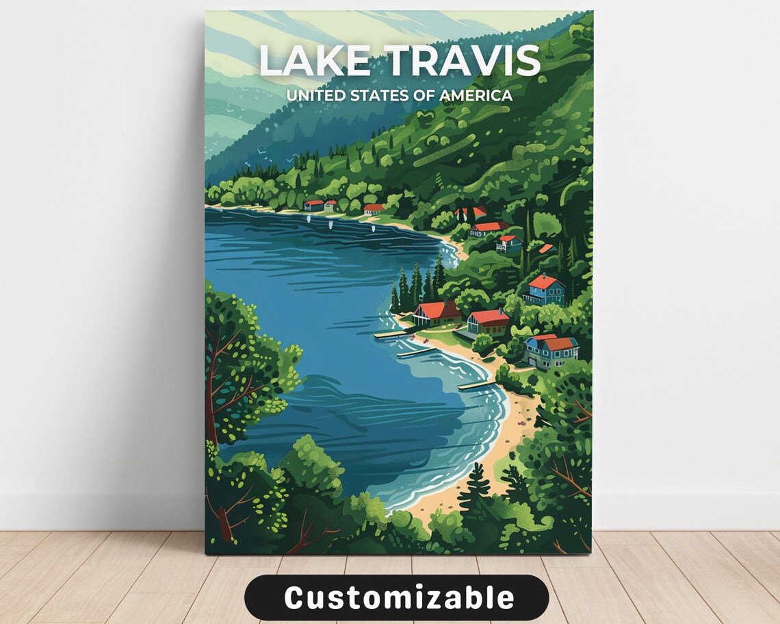 Lake Travis Texas Vintage Travel Poster Customizable USA Lake House Decor