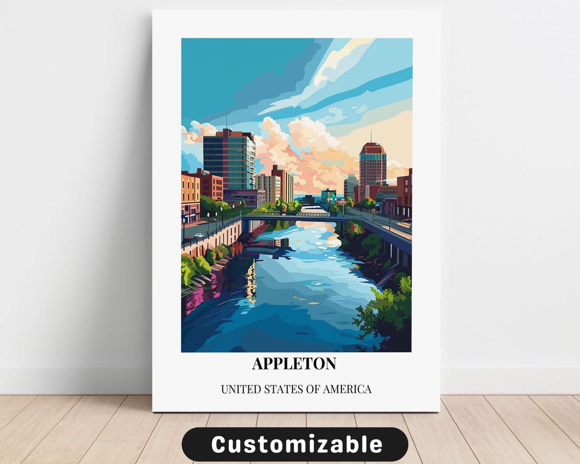 Appleton Wisconsin River Downtown White Border Travel Poster