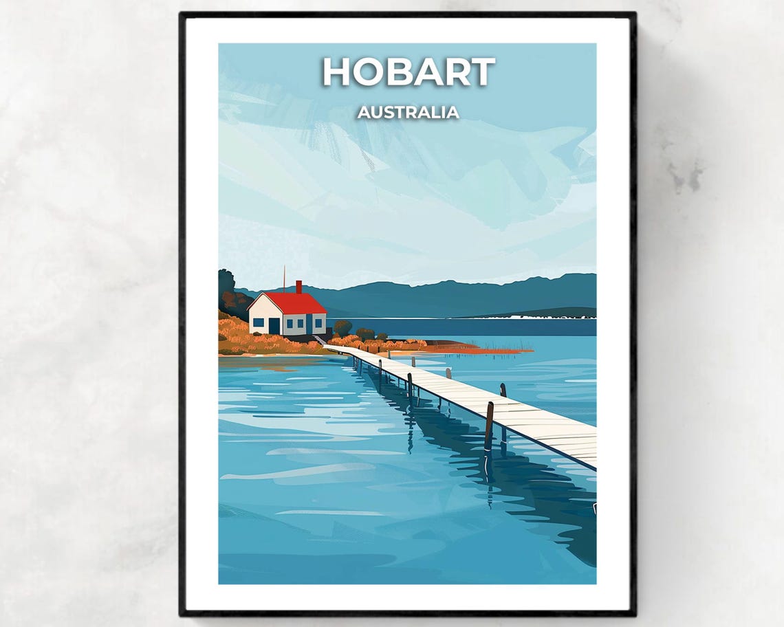 Hobart Australia Wooden Jetty Red Roofed Lakeside Hut Poster