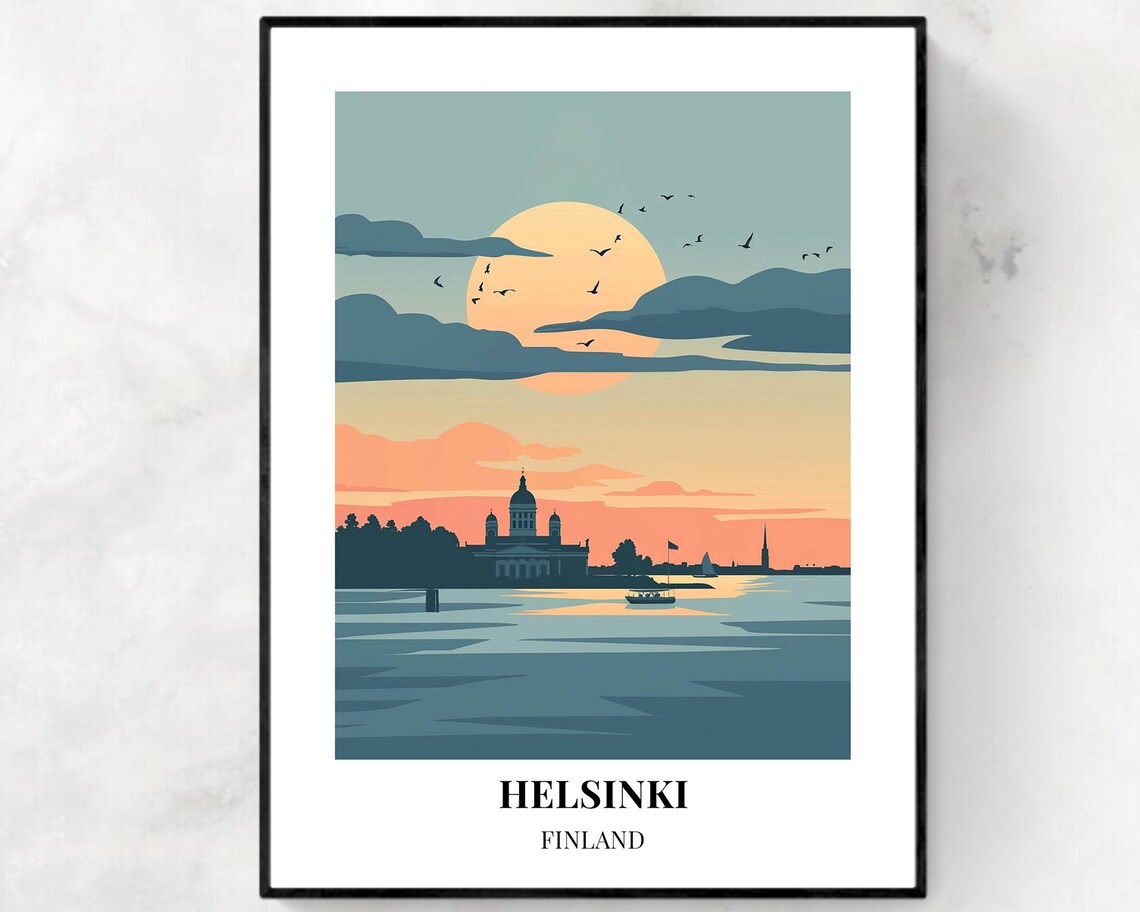 Helsinki Finland Harbor Sunset With Cathedral Travel Poster Art