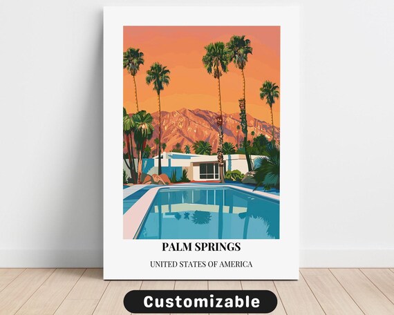 Palm Springs Poolside Palm Trees Desert Sunset Retro Travel Poster