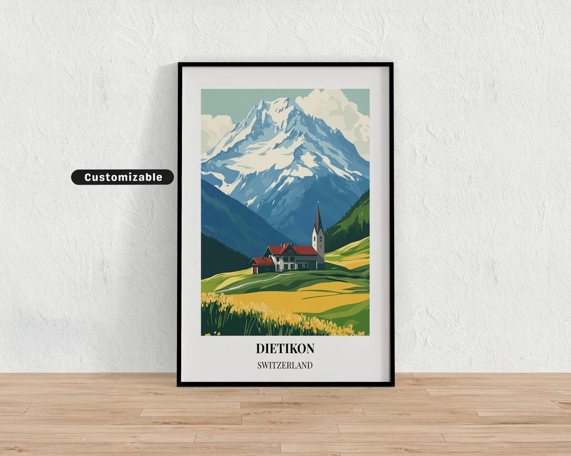 Dietikon Switzerland Alpine Church Snow Peak Green Valley Poster