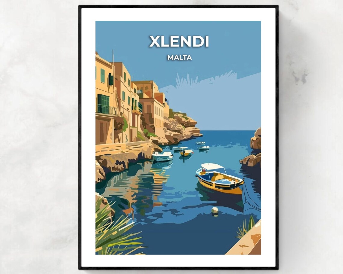 Xlendi Malta Turquoise Bay Fishing Boats Vintage Travel Poster