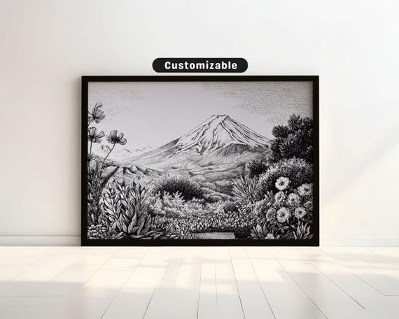 Ink Drawing Of Mt Fuji Seen From Flower Garden Japanese Wall Art Print Zen Asian Decor