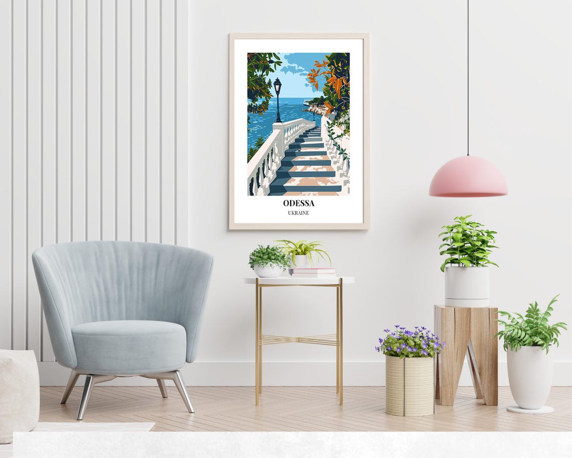 Odessa Ukraine White Seaside Staircase Lamp Sea Serene View Poster - Image 2