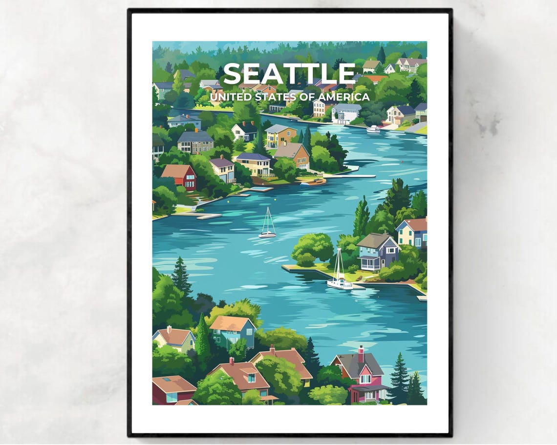 Seattle Lakeside Neighborhood Canal Sailboat Headline Travel Poster