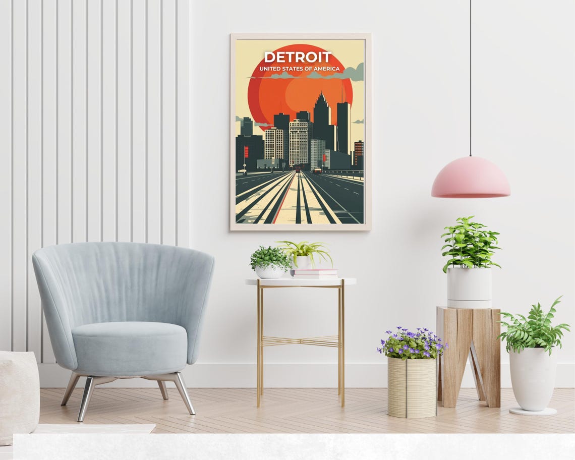 Detroit Red Sun Skyline Vintage Travel Poster with Top Title Text - Image 2