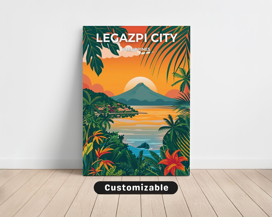 Legazpi City Philippines Mayon Volcano Sunset Tropical Travel Poster