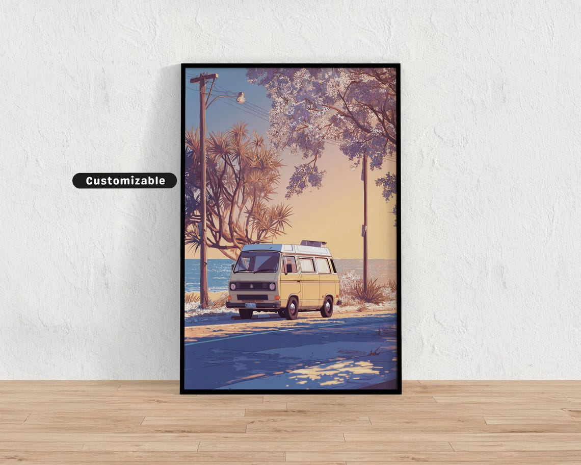 Vintage Camper Van Coastal Golden Sunset LoFi Anime Style Wall Art