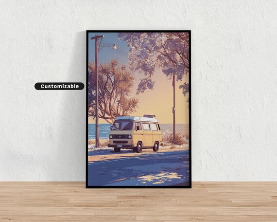 Vintage Camper Van Coastal Golden Sunset LoFi Anime Style Wall Art